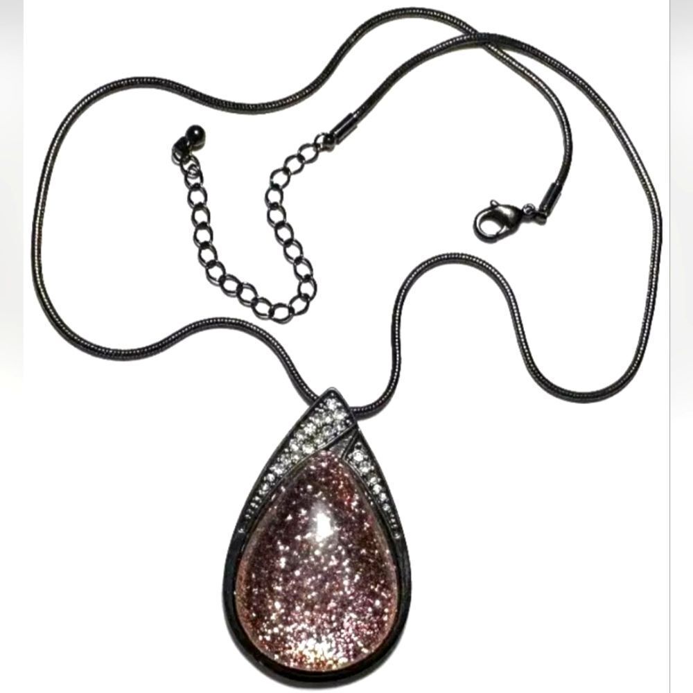 Vtg Jewelry Necklace Silver Tone Large Glitter Pink Rhinestone Tear Drop 18"'21"